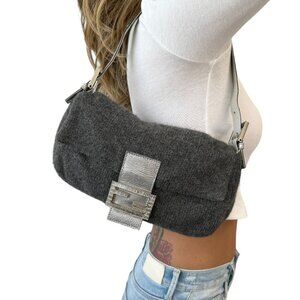 FENDI Vintage FF Rhinestone Logo Mamma Baguette Knit Shoulder Bag Gray [103877]